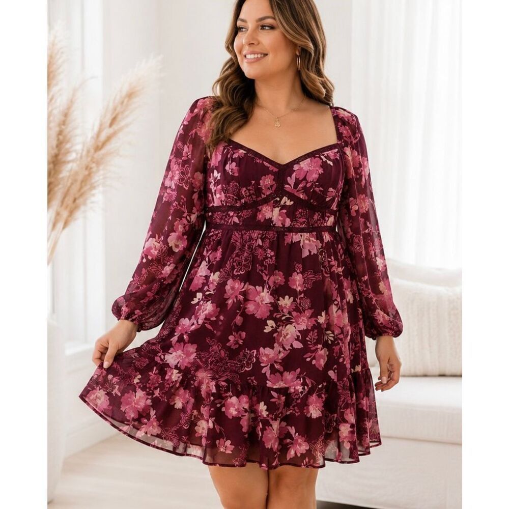 Torrid Burgundy Chiffon Floral Babydoll Mini Dress Sweetheart Neck Sz 00 Large 1